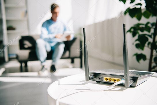 Router WiFi con luci di stato e icona segnale debole